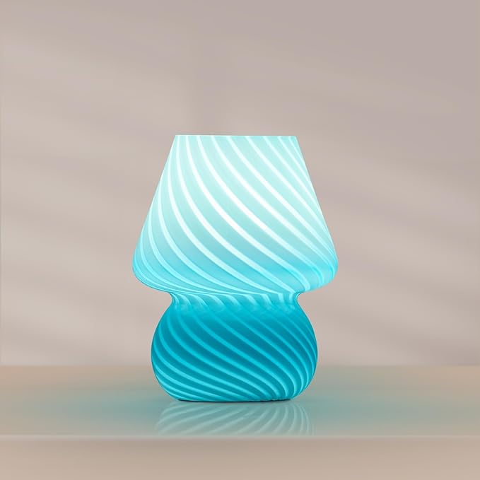 ONEWISH Mushroom Lamp, Small Table Lamp with Sea Blue Striped Glass, Nightstand Lamp Bulb Included