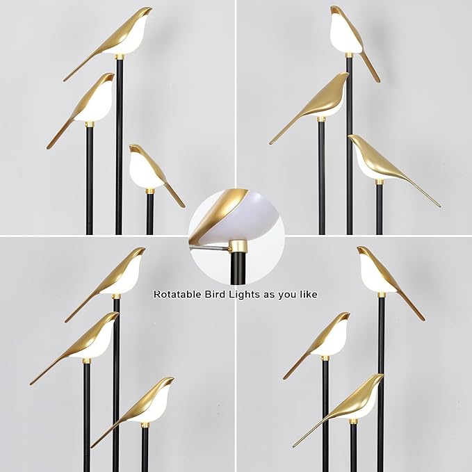 Black and Gold Floor Lamp, Bird Floor Lamp with Shelves, Modern floor Lamps for Living Room, 3-Light Corner Standing Lamp, LED Stand Up Lamp, Tall Lamp for Bedroom, Office, Cute Lighting Decor