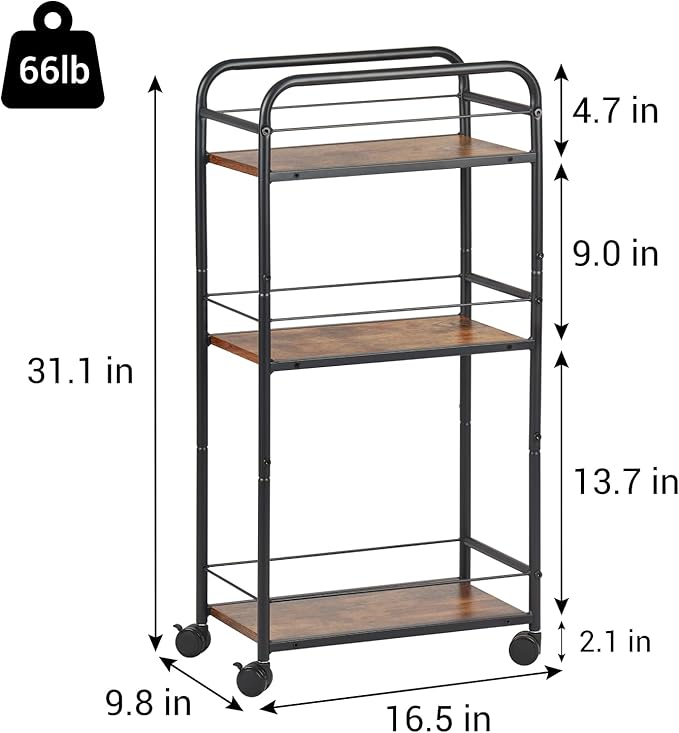 Small Bar Cart for Small Spaces, 3-Tier Slim Rolling Kitchen Cart on Wheels, Narrow Cart with Protective Fence, Industrial Mini Coffee Station for Home,Living Room,Bathroom, Rustic Brown