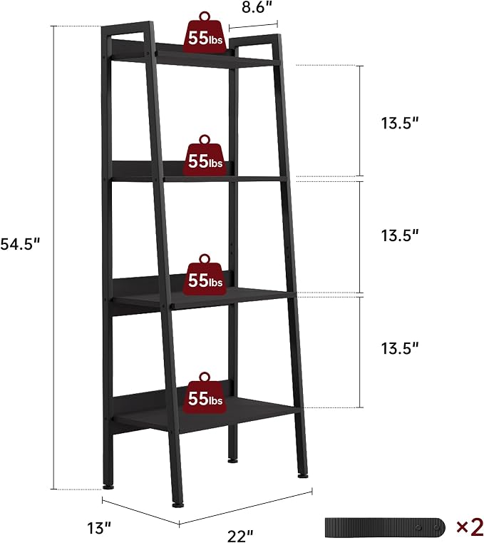 Ladder Shelf, 4 Tier Ladder Shelf, 22” Wide Tower Storage Shelf for Books, Anti Tip Feature, Steel Frame, Perfect for Bookshelf, Plants, Kitchen, Living Room, Office, Dark Gray