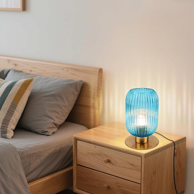 Nightstand Lamps Set of 2, Small Vintage Table Lamp with Gold Metal Base, Coastal Blue Glass Bedside Lamp Decorative Desk Lamp for Bedroom Living Room Study Room