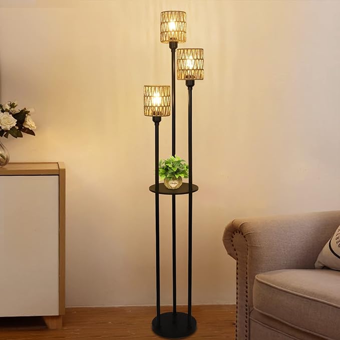 Boho Floor Lamp with Shelves, 3-Lights Farmhouse Tall Floor Lamp with ON/Off Foot Switch, Rustic Standing Lamp with Rattan Shades for Living Room Bedroom Office