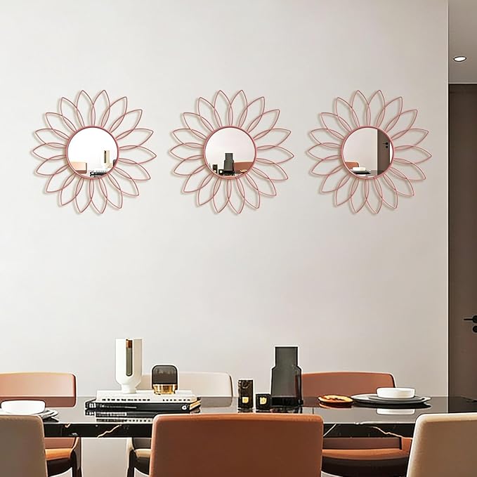 3 Pack Metal Mirrors for Wall Sunburst Wall Mirrors Home Décor Decorative Hanging Wall Art for Living Room Bedroom Entryway (Pink, Flowers)