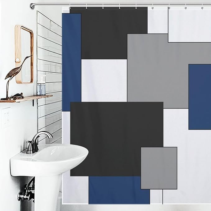 Retro Geometric Shower Curtain,Blue Black Modern Geometry Minimalist Neutral Design Bathroom Curtain Polyester Waterproof Fabric Decor 72x72in（183x183cm）
