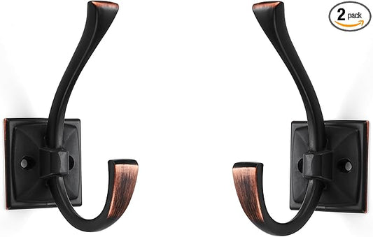 Large Wall Hooks 2 Pack Oil Rubbed Bronze Coat Hooks Hardware Towel Hooks for Hanging Coats 4.35 Inch Double Robe Hooks Wall Mounted with Screws for Key, Towel, Bags, Cup, Hat
