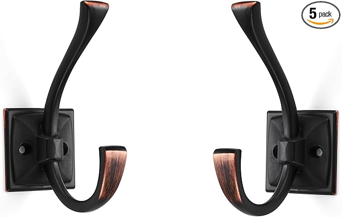 Large Wall Hooks 5 Pack Oil Rubbed Bronze Coat and Towel Hooks for Coats, Robes, Key and More - 4.35 Inch Double Hooks with Screws for Wall Mounting