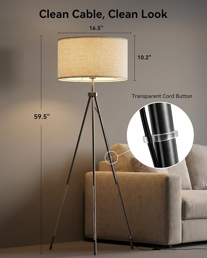 JOOFO Tripod Floor Lamp with Remote Control, Stepless Dimmable Tall Floor Lamp with Fabric Shade, Acrylic Bubble & Metal Pole Design, Modern Standing Lamp for Living Room Bedroom, Brushed Black