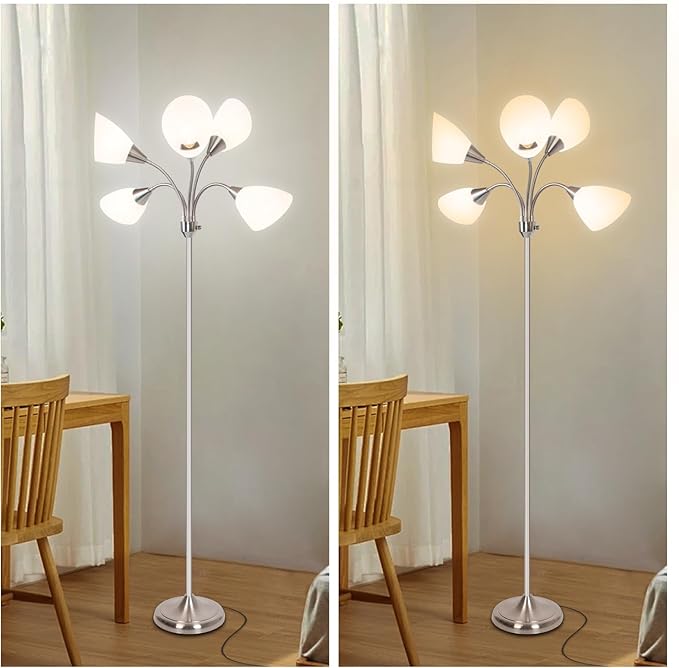 Floor Lamp, 5 Adjustable Neck Heads with Lampshades, Multi-Light Standing Reading Lamp for Living Room, Bedroom, Office