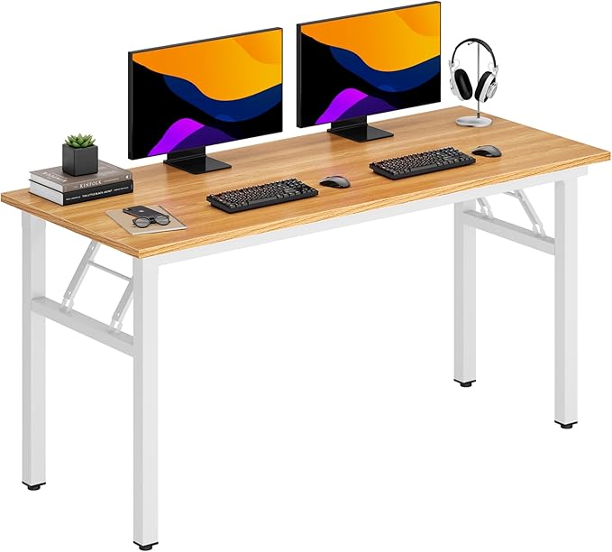 DlandHome Computer Desk, 59.8Inch Office Desk Computer Table, Study Writing Study Desk for Home Office, Teak and White