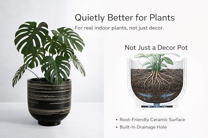 Large Black Ceramic Planter for Indoor Trees, Modern Indoor Floor Planter Pot for Olive Trees & Faux Olive Trees, Pottery Planter with Drainage for Real Plants