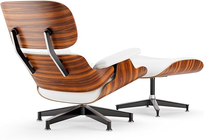 Top White PU Leather, Mid Century Chaise Lounge Chair and Ottoman, Modern Chair Classic Design, Palisander Wood, Heavy Duty Base Support for Living Room Office