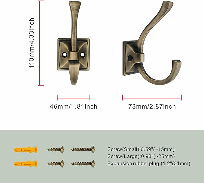 TUNNY 5 Pack Antique Design Wall Hanging Coat Hooks - Brushed Antique Brass Coat Hooks Towel Hook for Entry Shoe Cabinet, Wardrobe Bathroom Bedroom Furniture Hardware