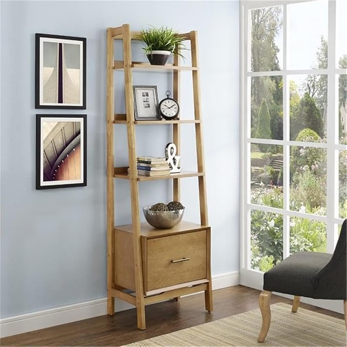 Pemberly Row 70" 4-Shelf Ladder Style Bookcase, MDF and Solid Hardwood, Acorn Finish, Mid-Century Modern Design, Full Extension Drawer, Metal Hardware, Narrow Storage for Office, Entryway or Bathroom