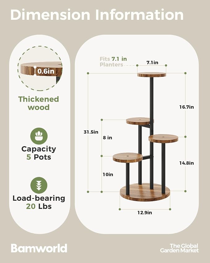 Bamworld 4 Tier Plant Stand Indoor Wood Plant Stand with Metal Frame Plant Table for Multiple Plants Tiered Plant Stands for Living Room Balcony Patio Bedroom Corner Plant Shelf Display Industrial-Style Modern Plant Stand Brown