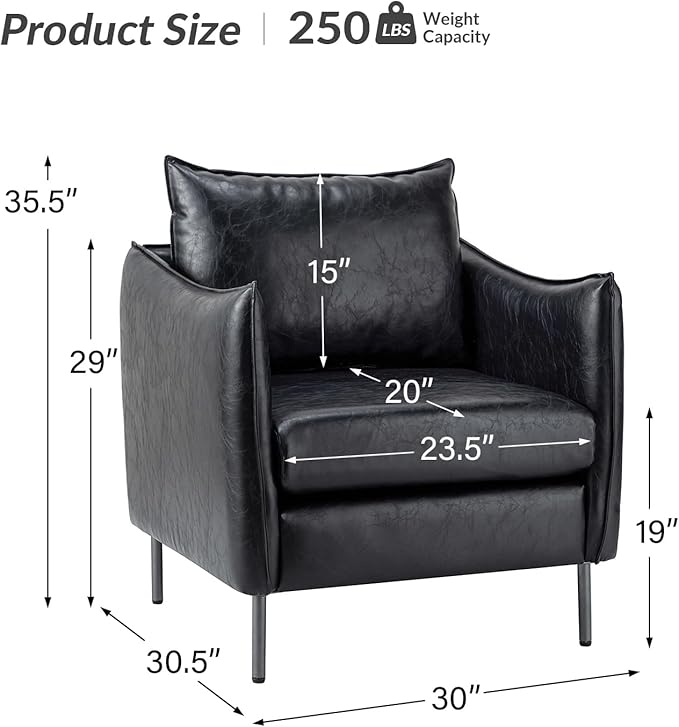 HULALA HOME Leather Armchair, Modern Faux Leather Accent Armchair Upholstered Living Room Chairs with Moveable Cushion for Living Room, Office, Reading, Customer Reception, Black