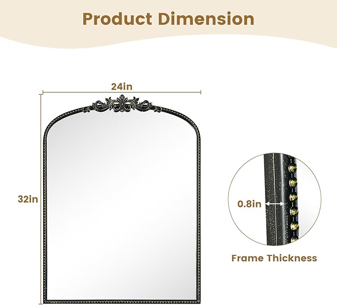 WallBeyond Black Vintage Mirror for Vanity 24x32 Inch, Black Antique Mirror with Ornate Frame, Arched Vintage Wall for Bathroom, Living Room, Fireplace, Entryway