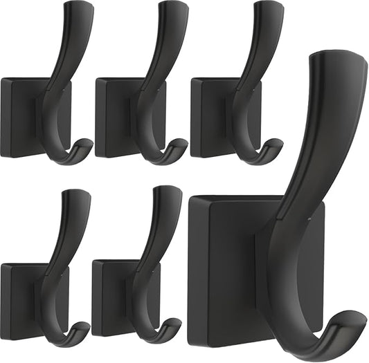 TOFIIGREM Black Towel Hooks Coat Hooks for Wall, Hand Towel Holder Robe Hook for Bathroom, Entryway Hat Hooks for Hanging Coat Towels Keys Hats (6 Pack)