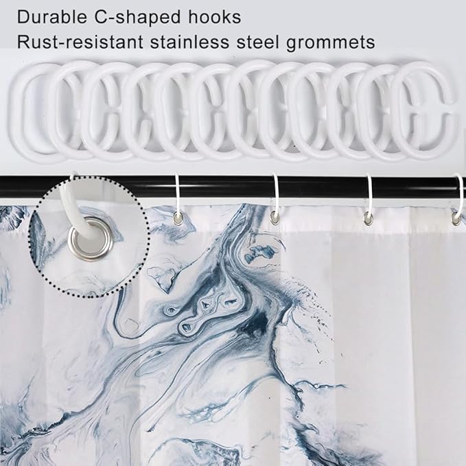 Blue and White Shower Curtain, Modern Ombre Blue Marble Shower Curtain Set with Hooks Aesthetic Waterproof Bathroom Decor, 60x72 Inch