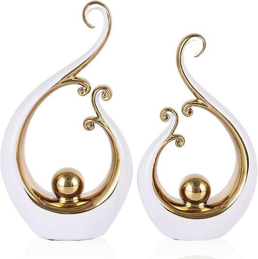 DOVDOV White and Gold Home Decor, Abstract Ceramic 2-Piece Sculpture Set, Modern mid-Century Art Statues, Perfect for Accent Tables, countertops, Coffee Tables, and entryway Decor.