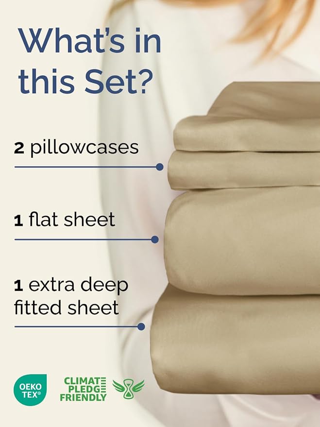 Extra Deep Twin Sheet Set - 4 Piece Breathable and Cooling Sheets - Hotel Luxury Bedding for Women, Men, Kids & Teens - Easy & Secure Fit - Soft, Wrinkle Free and Comfy - Extra Deep Pockets - Beige