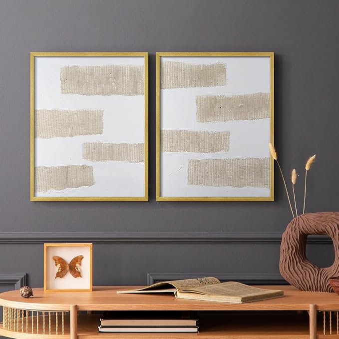 Renditions Gallery Set of 2 Peel & Stick Framed Prints, Modern Abstract Wall Art, Textured Brush Strokes Wall Decor, Re-Stickable - Ready to Hang - 11"x14" - GOLD Frame LT588