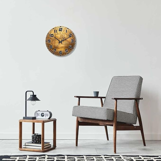 Egyptian Hieroglyphics Wall Clock Ancient Golden Art Historical Civilization Battery Powered Wall Clock Silent Non Ticking 10 Inch for Living Room, Kitchen, Home,Bathroom, Bedroom
