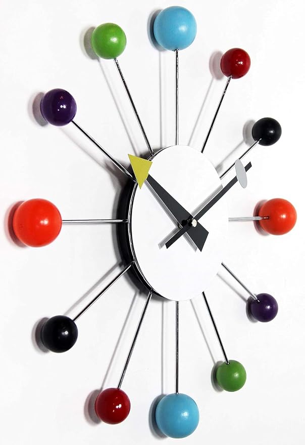 Infinity Instruments Orb Spoke Midcentury Modern 15 inch Retro Starburst Ball Wall Clock Quiet Quartz Movement Mid Century Decorative, Multi, Multicolor