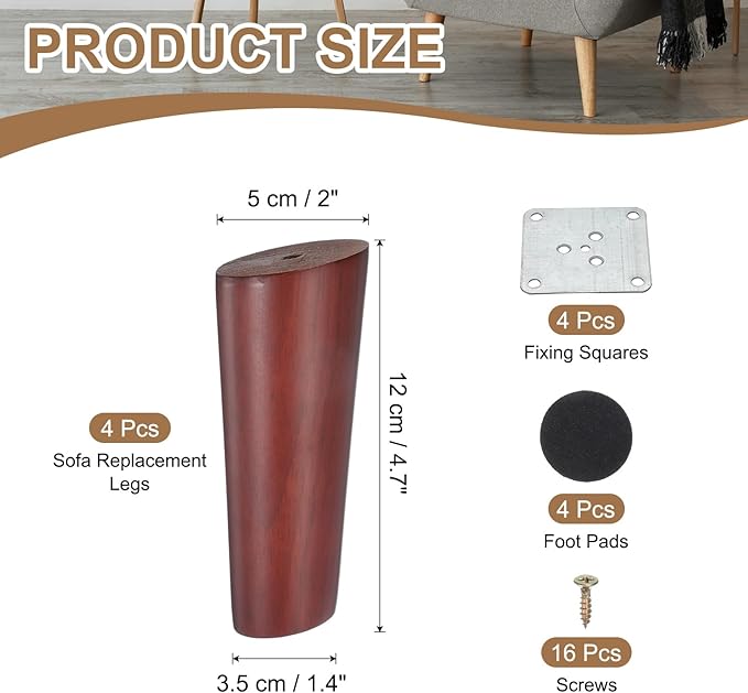 PATIKIL Wood Furniture Legs, 4Pcs 4.7" Tapered Replacement Sofa Leg for Chair Couch Bed Coffee Table Dresser, Red Walnut