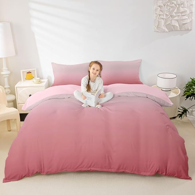 Erosebridal Ombre Blush Pink Comforter Cover King Girly Pastel Pink Bedding Set for Kids Teens Princess Gradient Quilt Cover Aesthetic Dreamy Bed Set with Zipper
