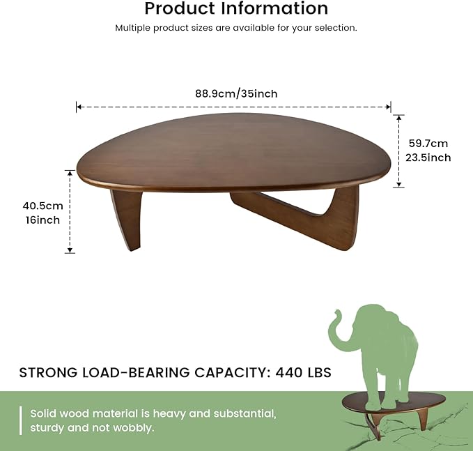 Solid Wooden Modern Triangle Coffee Table: Unique Funky Coffee Tables for Living Room, Oval Mid-Century Irregular Abstract Tea Tables for Patio Office Balcony Bedroom (Walnut, 35" L x 24" W x 16" H)