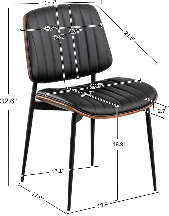 LUNLING Dining Chairs Set of 2 Mid Century Modern Retro Faux Leather Chair with Walnut Bentwood Upholstered Seat Metal Legs Chairs,Adjustable Foot for Kitchen Dining Room Chairs(Black)