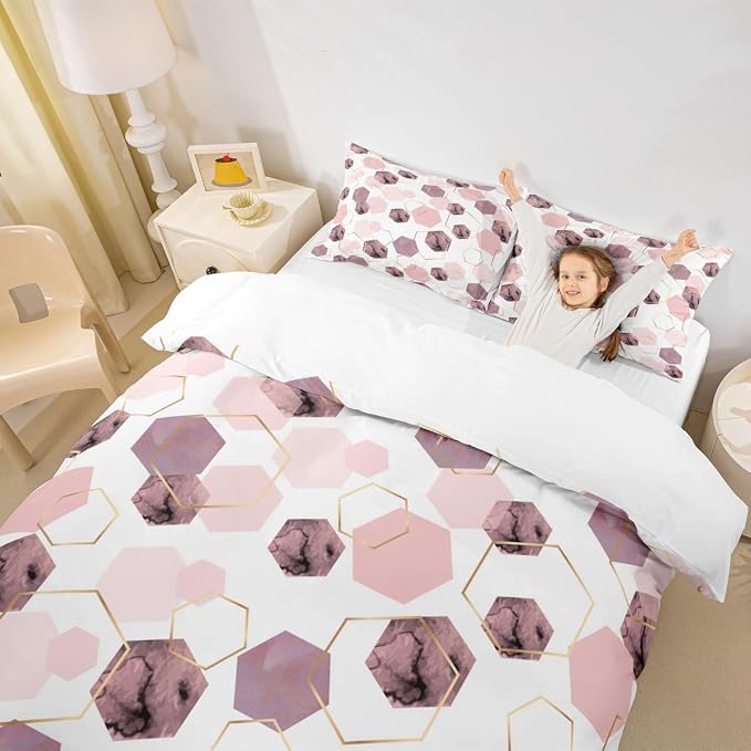 Erosebridal Modern Pink Duvet Cover for Bedroom - Marbling Geometric Art Kids Bedding, Girly Abstract Golden Striped Bed Cover for Home Decor, Queen 3 Pieces