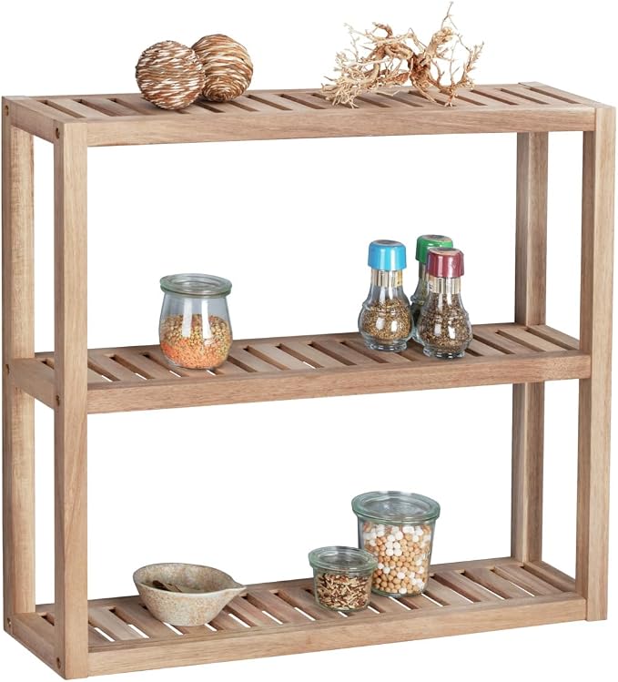 Wenko Acina Wall-Mounted Shelving Unit with 3 Trays, FSC Wood Shelves, 60 x 15 x 54 cm