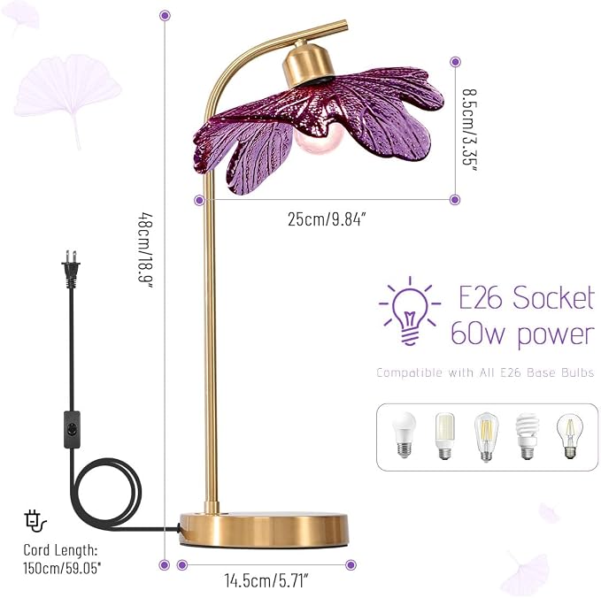 Purple Glass Table Lamps, Flower Shade Design & Touch Metal Base, Mid Century Table Lamp Gold Nightstand Desk Lamp Vintage Small Table lamp for Girl's Room Bedside Bedroom Living Room
