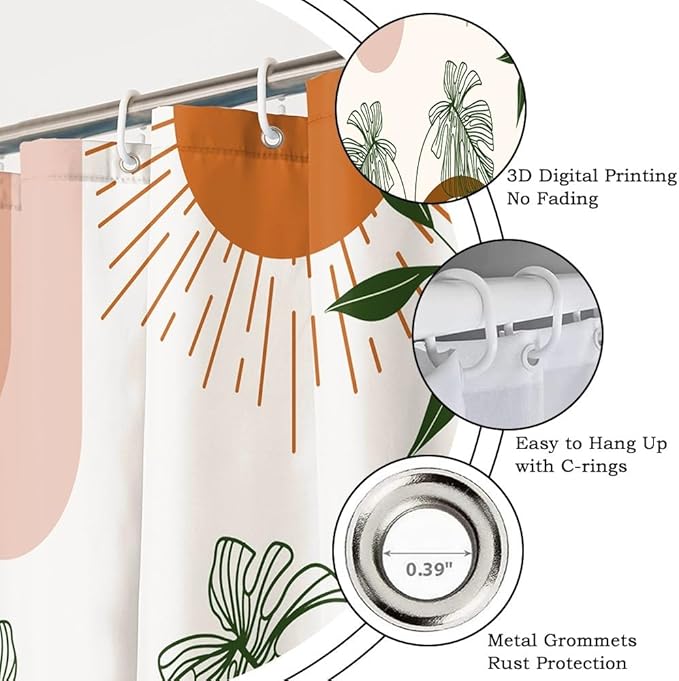 Mid Century Boho Shower Curtain for Bathroom Green Leaves Red Sun Arch Stripes Shower Curtains Modern Bohemian Abstract Bathroom Decor Set Washable Waterproof Polyester Fabric with Hooks 65x72 Inch