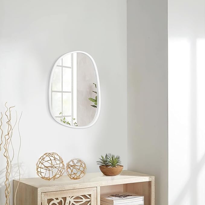 Wood Frame Hanging Wall Mirror Asymmetrical Irregular Oval Mirrors for Wall Unique Shape Decorative Artistic Mirror for Entryway Bedroom Living Room Bathroom White