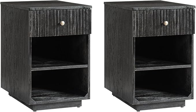 HULALA HOME Mid-Century Modern End Table with Drawer and Open Shelves, Solid Paulownia Wood Side Table, Brass Knob, No Assembly Required(Set of 2, Charcoal)
