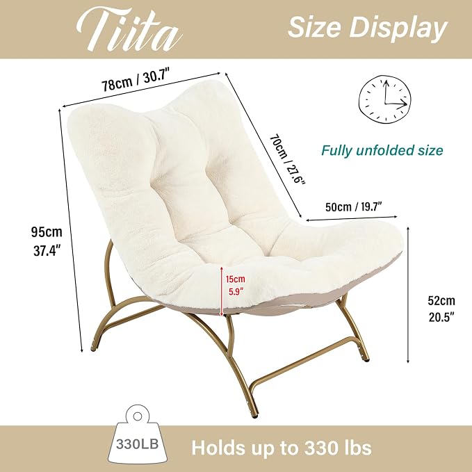 Tiita Accent Lazy Chair, Comfy Lounge Chair with Metal Frame and Plush Fabric, Spacious Seat Cozy Recliner Chair for Reading Room, Living Room, Bedroom, Office, Beige