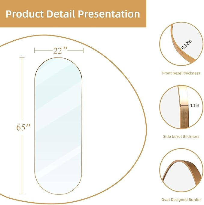 Arched Full Length Floor Mirror, Oval Full Floor Mirror, Large Wall Mounted Arched-Top Body for Living Room, Bedroom, Bathroom, Entryway, Dressing Room (Gold, 65 * 22)