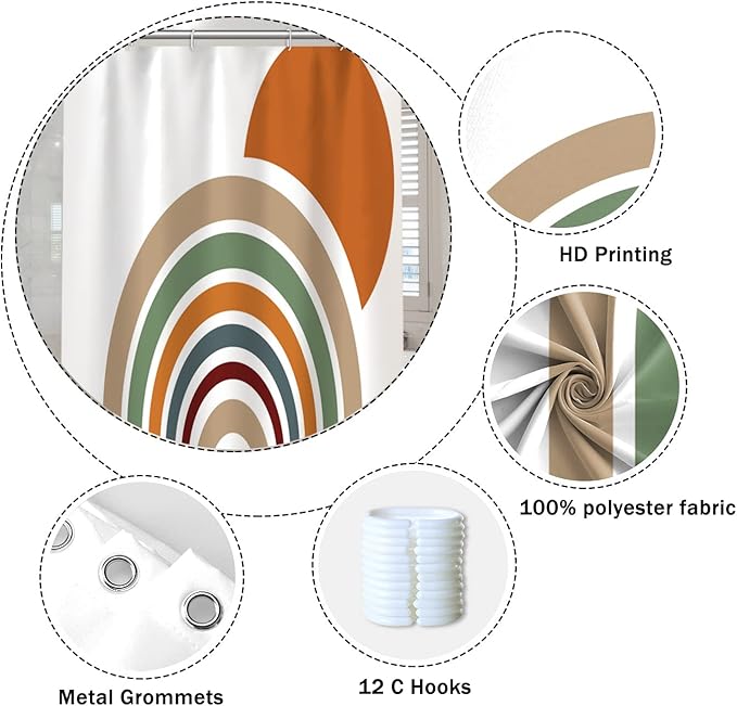 Mid Century Bohemian Bathroom Shower Curtain Colorful Stripes Arch Orange Sun Boho Shower Curtain with Hooks Waterproof Fabric Polyester Shower Curtain Aesthetics Home Decor, 72x84 Inch