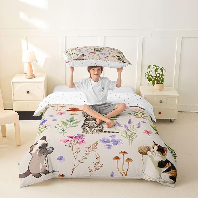 Erosebridal Cute Cat Toddler Bedding Set Kitten Cat Lovers Duvet Cover Cream Boho Watercolor Floral Comforter Cover for Kids Girls Boys Adults Funny Pet Animal Bed Set