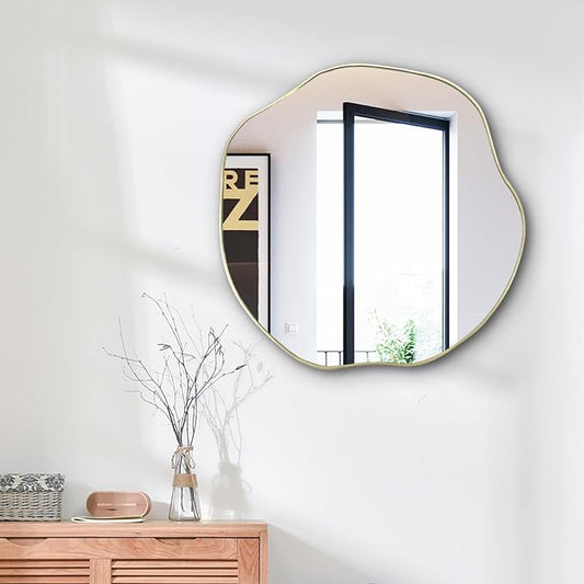 POZINO Scalloped Irregular Mirror, 20" Asymmetrical Decorative Accent Mirror for Wall, Gold Wavy Rounded Frameless Mirrors for Entryway Fireplace Bedroom Living Room, Horizontal or Vertical Hanging