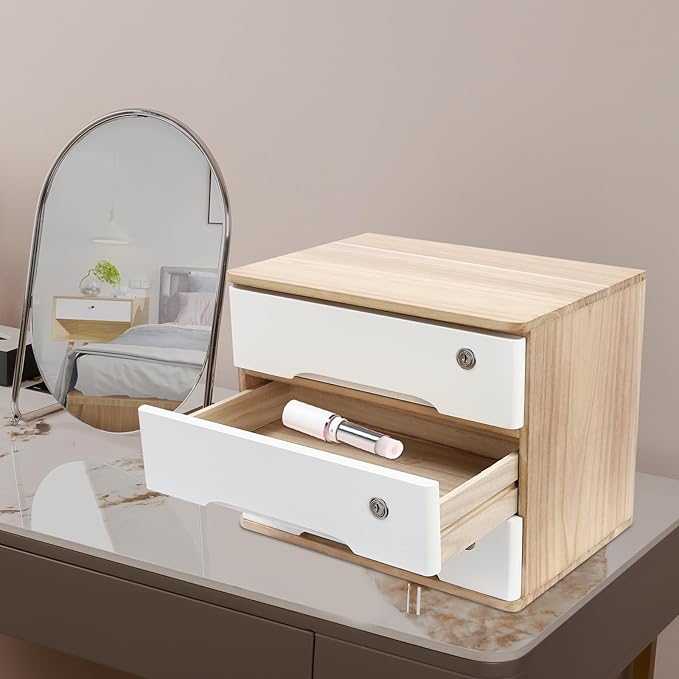 Desktop File Organizer with Lock, 2/3/4 Tier Multi-Drawer Wooden Storage Cabinet, Office Supply Organizer for Home Desk, Study & Workplace (Natural + White, 3 Layers)