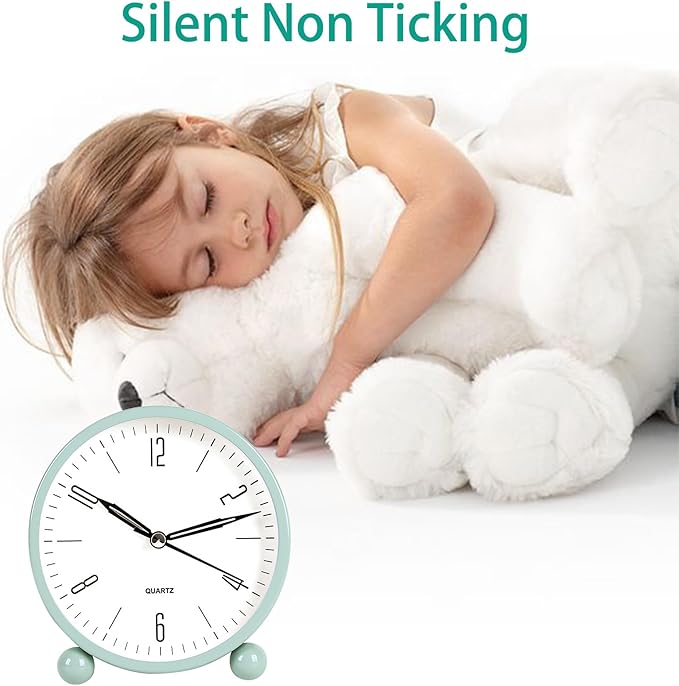 pxy Cute and Safe Alarm Clock for Kids Battery Powered (Battery Include), 4" Analog Super Silent Analog Alarm Clock with Night Light510 Green&White