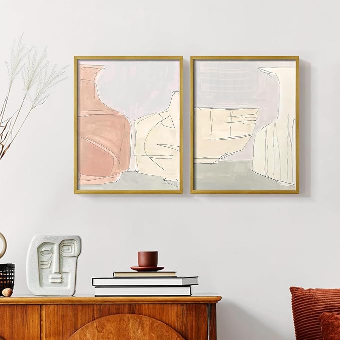 Renditions Gallery Set of 2 Peel & Stick Framed Prints, Neutral Abstract Wall Art, Soft Tones Delicate Linework Wall Decor, Re-Stickable - Ready to Hang - 11"x14" - GOLD Frame LT588
