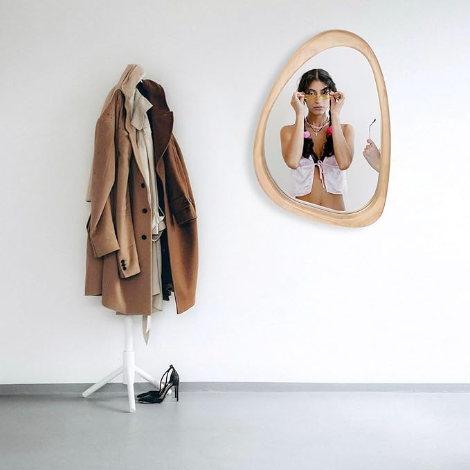 Irregular Wall Mirror, 20 x 30in Wooden Frame Asymmetrical Mirror, Large Home Decor Wall Mirrors, Hanging Vertically and Horizontally, for Bathroom, Living Room, Entryway (Natural Colour)
