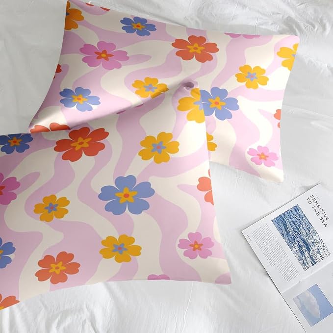 Pamnest Comforter Set Twin Size, Retro Daisy Pink 5 Pcs Bedding for Kids and Adults, Hippie Aesthetic Kids Bed Sheet Sets with Fitted Sheet Pillowcase & Sham for Bedroom Bed Decor