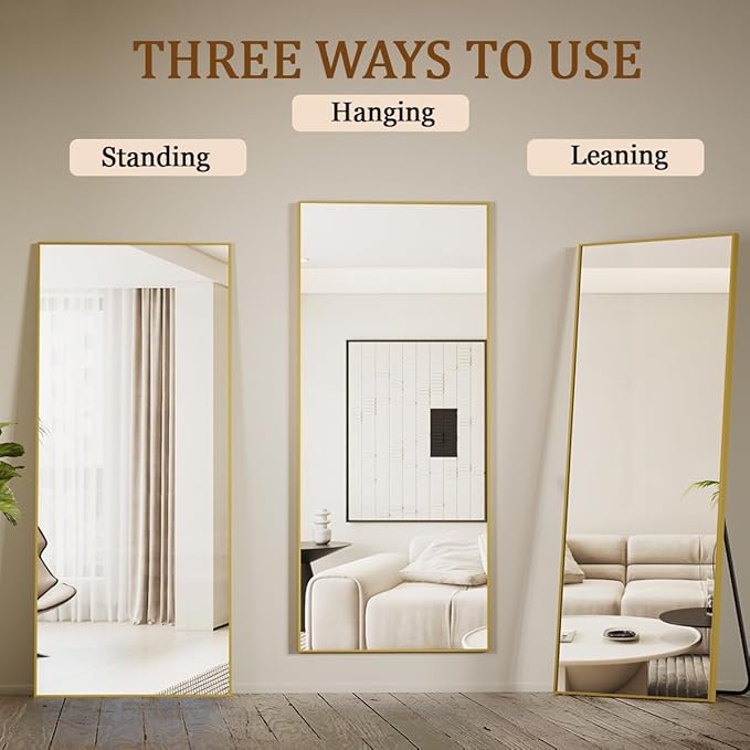 Koonmi 71"x26" Floor Mirror Full Length, Bedroom Floor Body Mirror with Stand, Large Gold Mirror, Leaning, Standing or Hanging Horizontally/Vertically