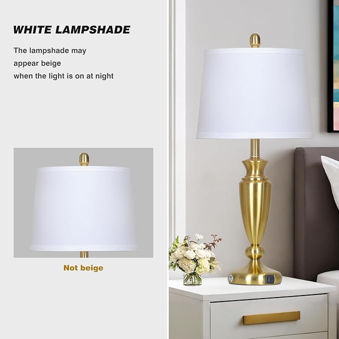 Rinweey 27'' Gold Table Lamps for Living Room with White Lampshade, 3 Way Touch Control Bedside Lamps Set of 2 with USB A+C Ports, Modern Metal Nightstand Lamp for Bedroom Office End Table