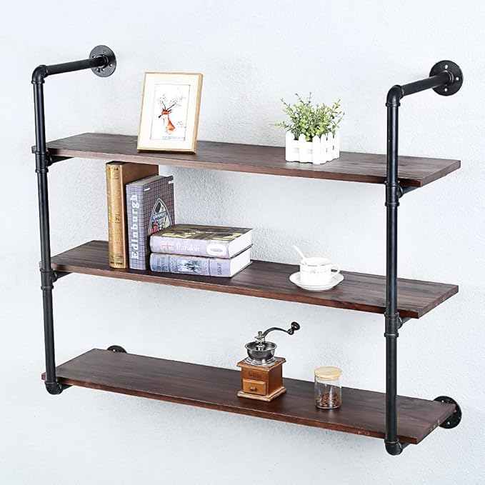 Industrial Pipe Shelving Wall Mounted,42in Rustic Metal Floating Shelves,Steampunk Real Wood Book Shelves,Wall Shelf Unit Bookshelf Hanging Wall Shelves,Farmhouse Kitchen Bar Shelving(4 Tier)